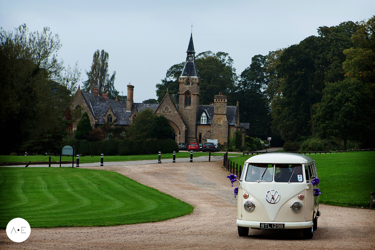 VW campervan arriving at Newstead Abbey bridesmaids getting ready captured by Alison Edwards Photography Nottingham wedding photographer