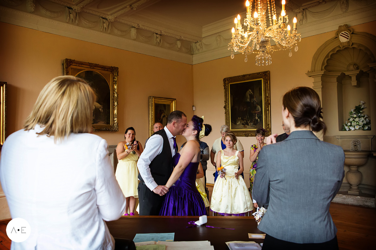 bride and groom's first kiss wedding at newstead abbey captured by Alison Edwards Photography Nottingham wedding photographer