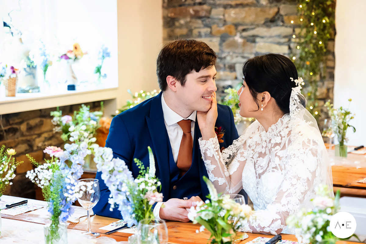 bride and groom portrait in country house in the Peak District photographed by Alison Edwards Photography